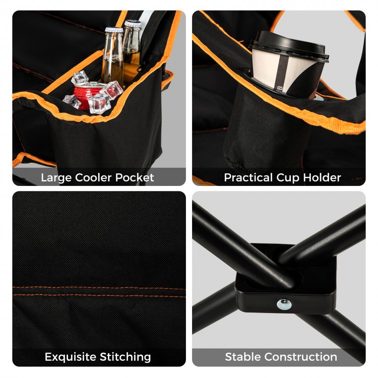 Folding camping chair featuring a large cooler pocket, cup holder, and sturdy construction for outdoor comfort.