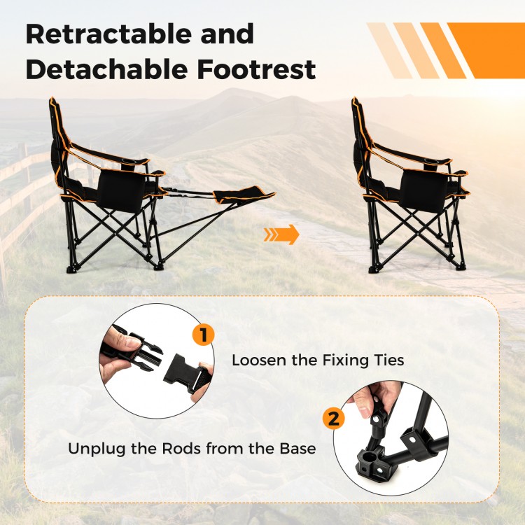 Folding camping chair with retractable footrest and adjustable backrest, ideal for outdoor activities and easy.