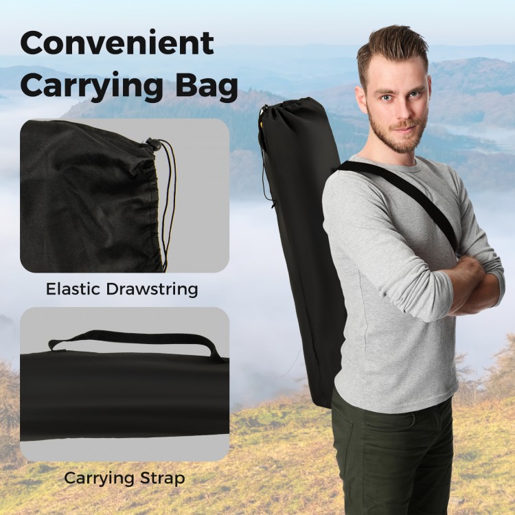 Black carrying bag for folding camping chair with elastic drawstring and shoulder strap, ideal for outdoor activities.