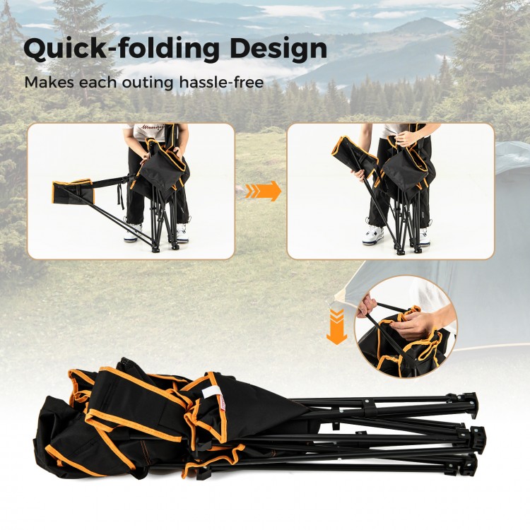 Folding camping chair with footrest, quick-folding design, and carrying bag for hassle-free outdoor outings.