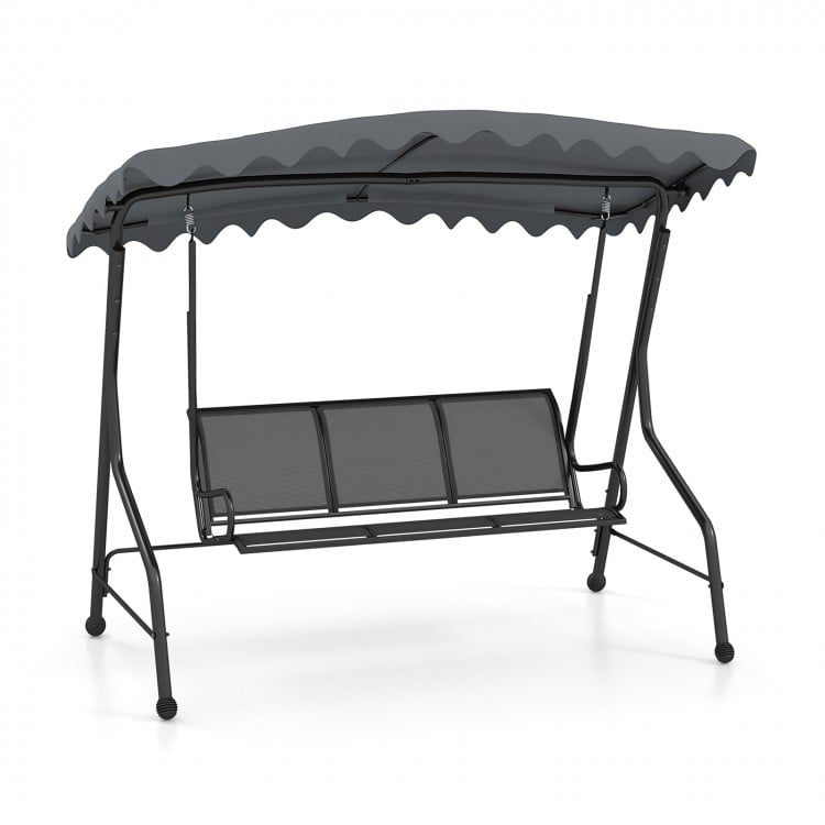 3-seat outdoor porch canopy swing in gray with adjustable shading, robust metal frame, perfect for backyard relaxation.