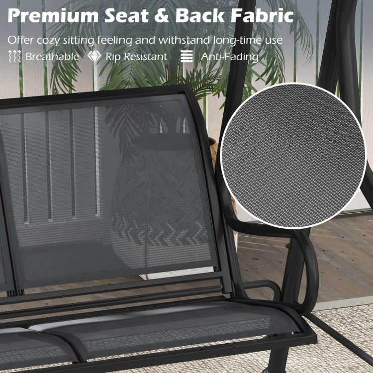 Close-up of the breathable fabric on the 3-seat outdoor porch swing, showcasing its durability and comfort for backyard.