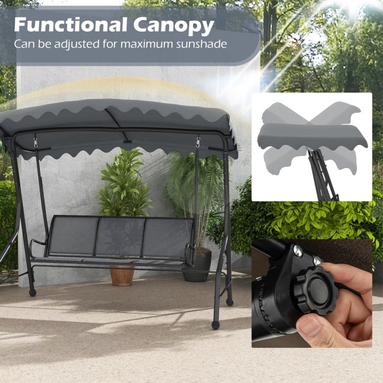 Adjustable canopy on a 3-seat outdoor porch swing in gray, designed for maximum sunshade and family relaxation.