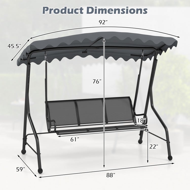 Dimensions of the 3-seat outdoor porch canopy swing with adjustable shading, ideal for backyard or poolside relaxation.
