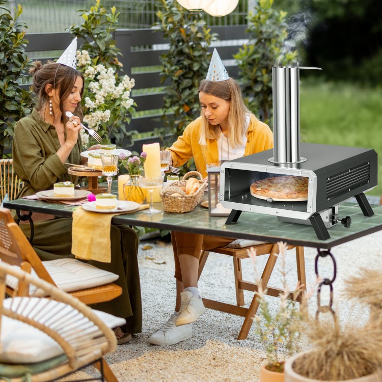 Portable wood pellet pizza oven with 12-inch rotatable stone, ideal for outdoor cooking and gatherings.