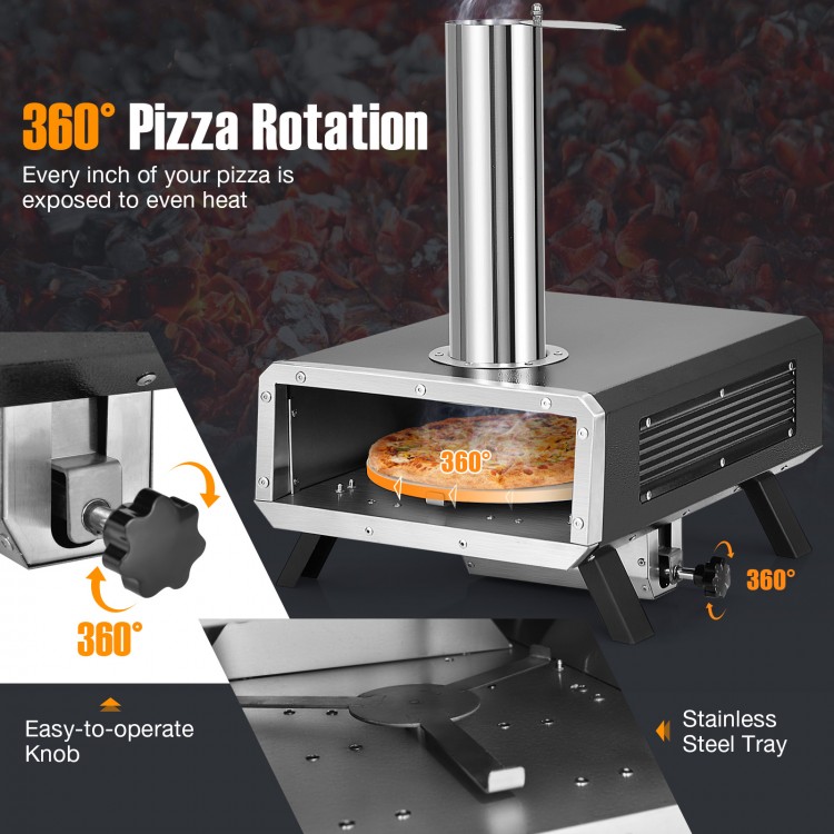 Outdoor pizza oven with 360° rotatable pizza stone, stainless steel tray, and easy-to-operate knob for efficient.