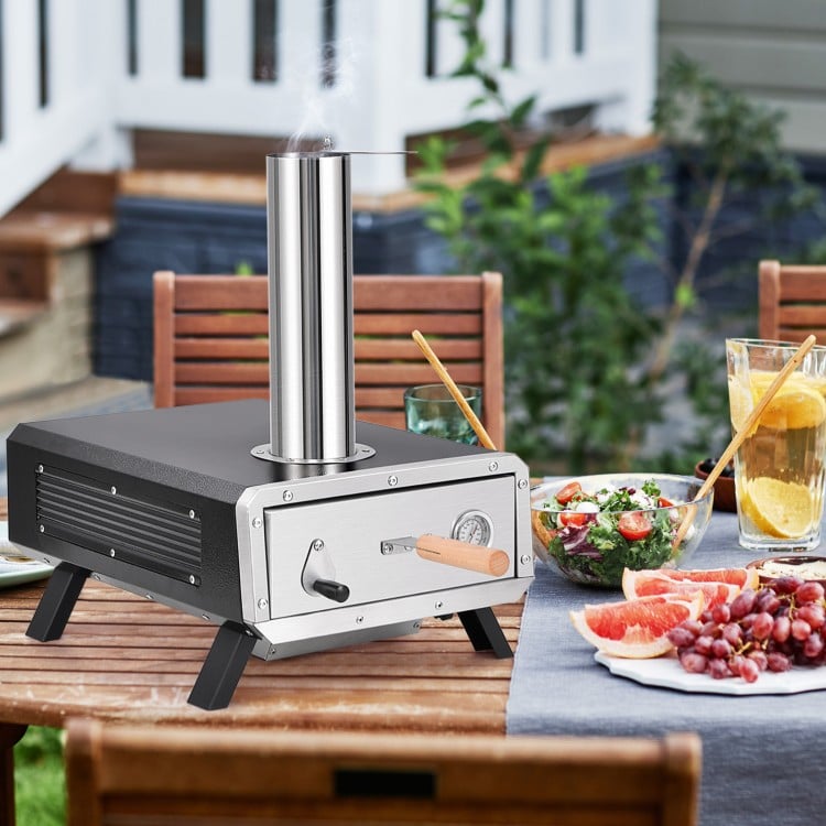 Portable wood pellet pizza oven with 12-inch rotatable stone, built-in thermometer, ideal for outdoor cooking.