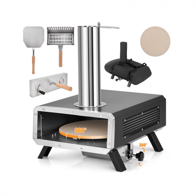 Portable wood pellet pizza oven with 12-inch rotatable stone, built-in thermometer, and scald-proof handles for outdoor.