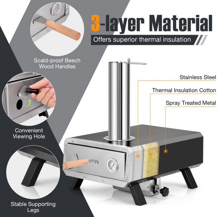 Portable wood pellet pizza oven with stainless steel, scald-proof beech wood handles, and built-in thermometer for.