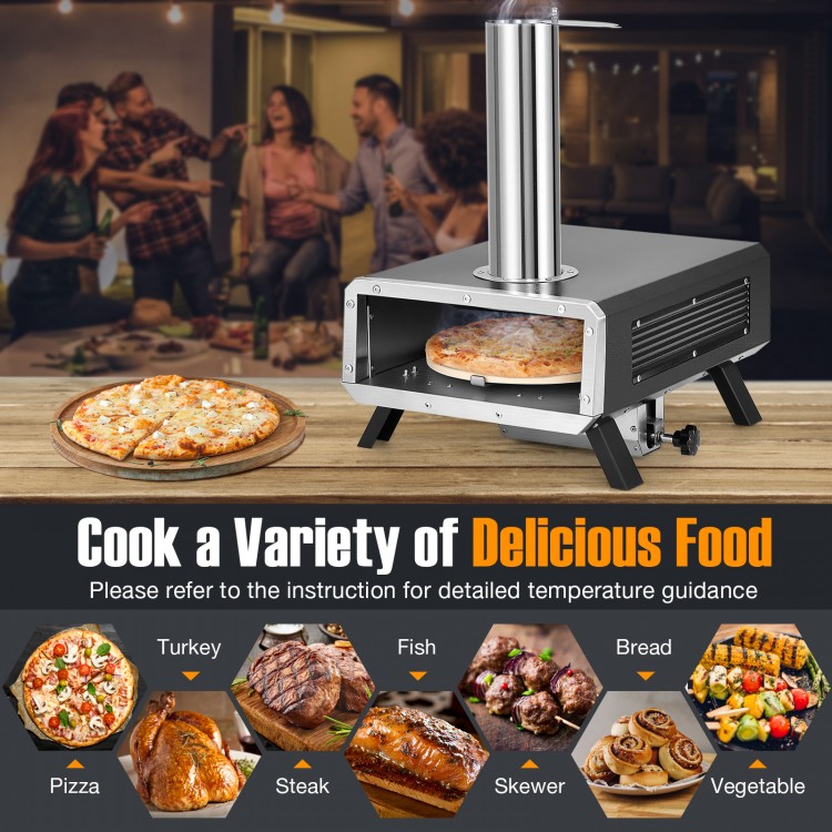 Portable wood pellet pizza oven with 12-inch rotatable stone, ideal for cooking pizza, turkey, and steak outdoors.