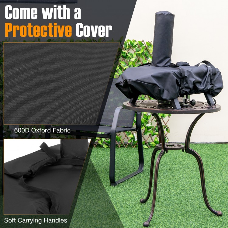 Portable wood pellet pizza oven with 600D oxford fabric cover and soft carrying handles for outdoor cooking.