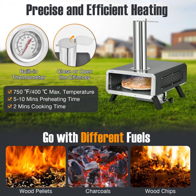 Outdoor pizza oven with built-in thermometer, 750°F max temperature, and 12-inch rotatable pizza stone for efficient.