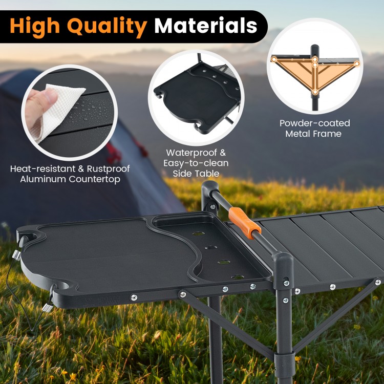 Folding portable outdoor cook station with heat-resistant aluminum tabletop and powder-coated metal frame, ideal for.