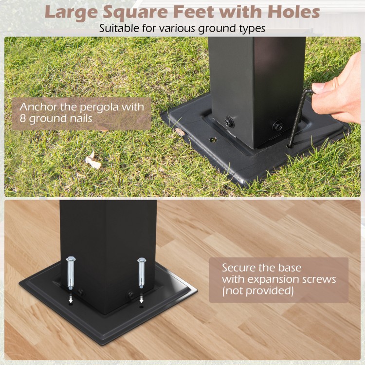 Large square feet with holes for anchoring the 10 x 10 ft gray pergola, suitable for various ground types.