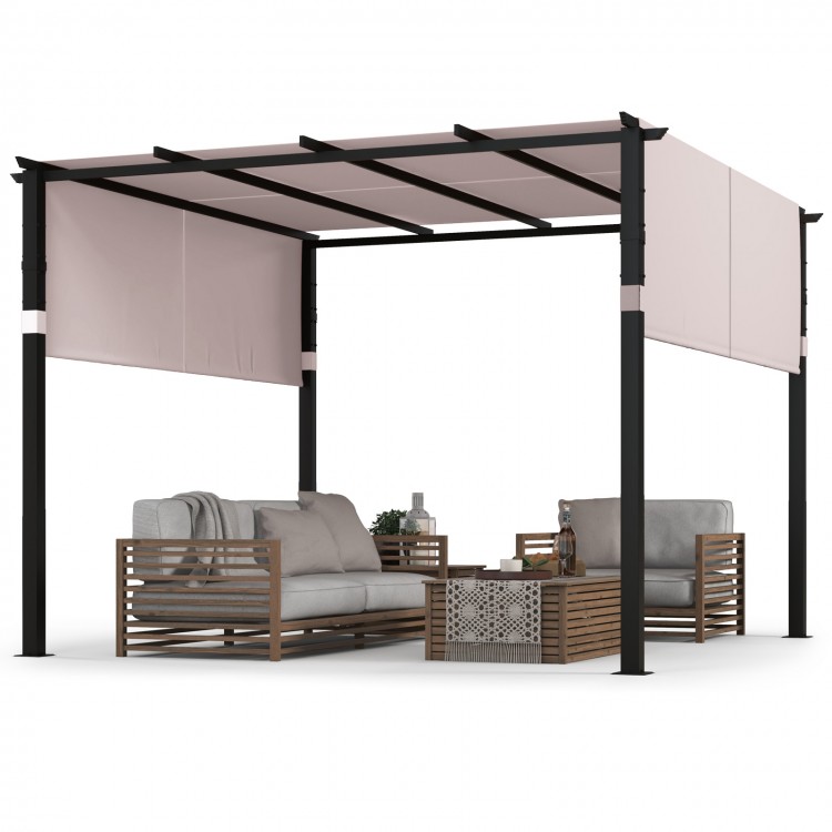 10 x 10 ft gray flat top pergola with adjustable retractable canopy, perfect for garden, pool, or backyard settings.