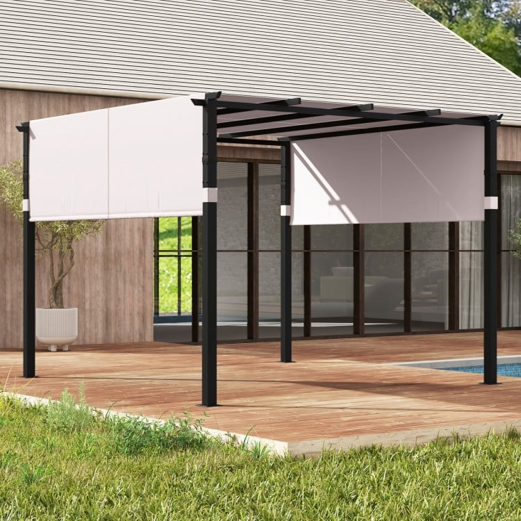 10 x 10 ft gray flat top pergola with adjustable retractable canopy, ideal for garden, pool, or backyard shade.