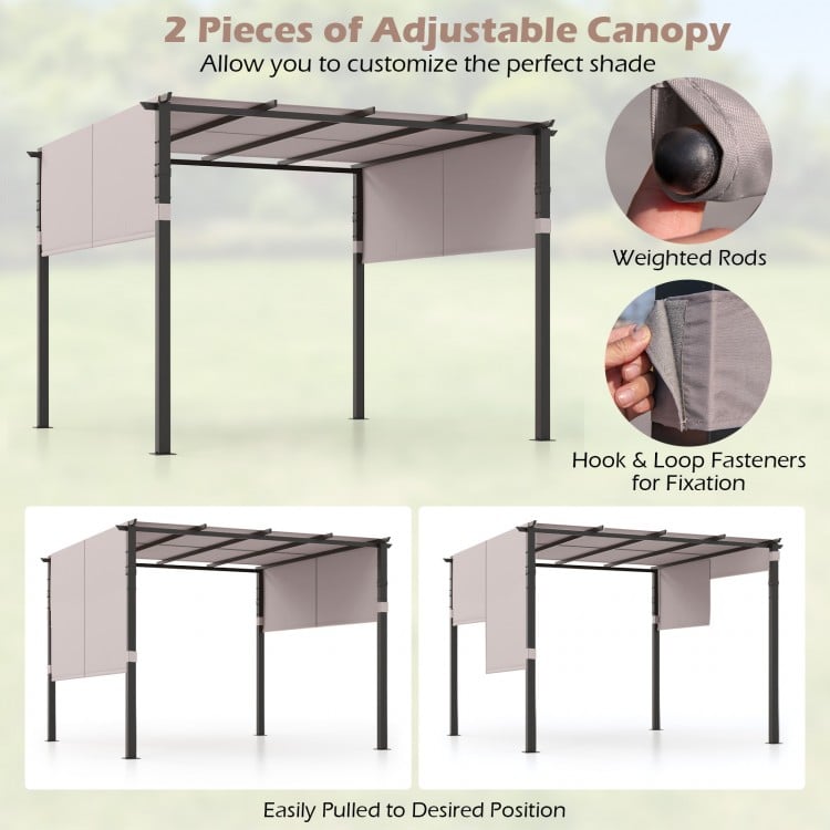 Adjustable gray canopy for 10 x 10 ft pergola, featuring sturdy metal frame and hook and loop fasteners for outdoor use.