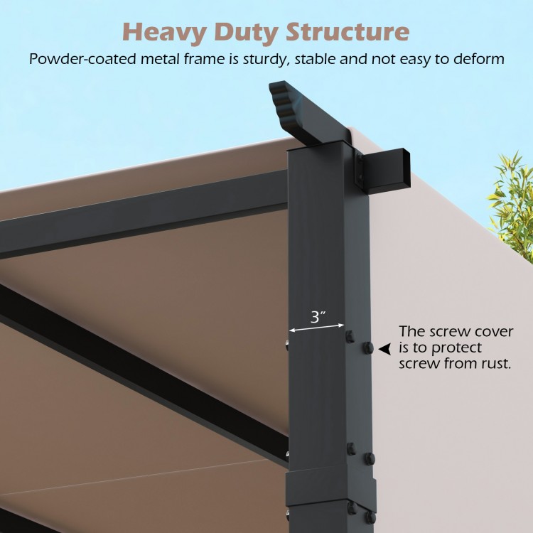 Close-up of the 3" powder-coated metal frame of the 10 x 10 ft pergola, showcasing its sturdy and stable design.