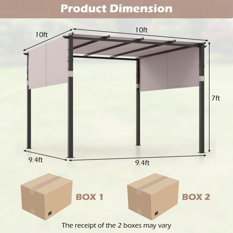 10 x 10 ft gray flat top pergola with retractable canopy dimensions, ideal for garden, pool, or backyard use.