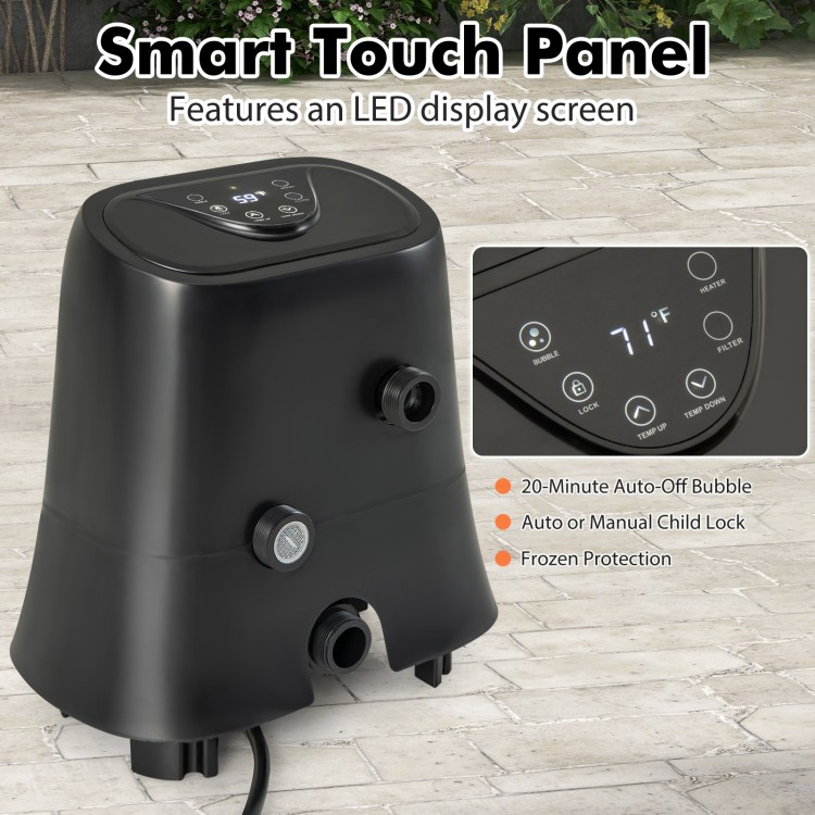 1350W electric heater pump in black with a smart touch panel and LED display, designed for outdoor inflatable hot tubs.