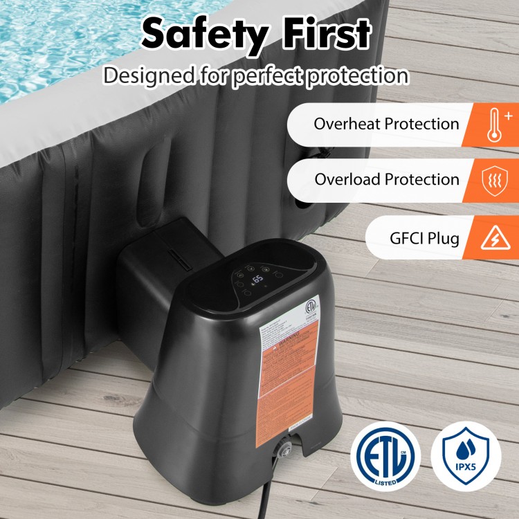 Electric heater pump with touch panel and LED display, featuring overheat protection and GFCI plug for outdoor use.