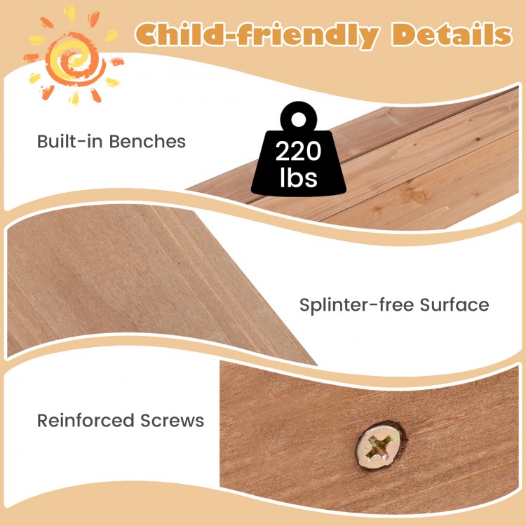 Child-friendly details of a 49 x 48 inch kids wooden sandbox with built-in benches and splinter-free surface.