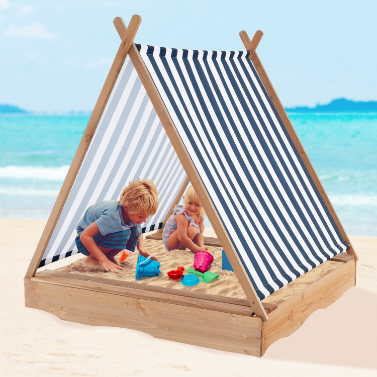 Kids wooden sandbox with cover and two bench seats, 49" x 48", perfect for outdoor play at the beach or backyard.
