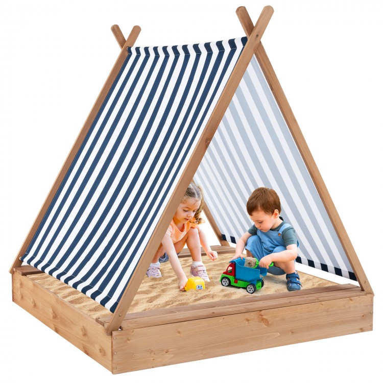 Kids playing in a 49 x 48 inch wooden sandbox with cover and two bench seats, perfect for outdoor fun.
