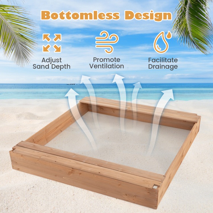 Kids wooden sandbox with bottomless design for sand adjustment, featuring a cover and two bench seats for outdoor fun.