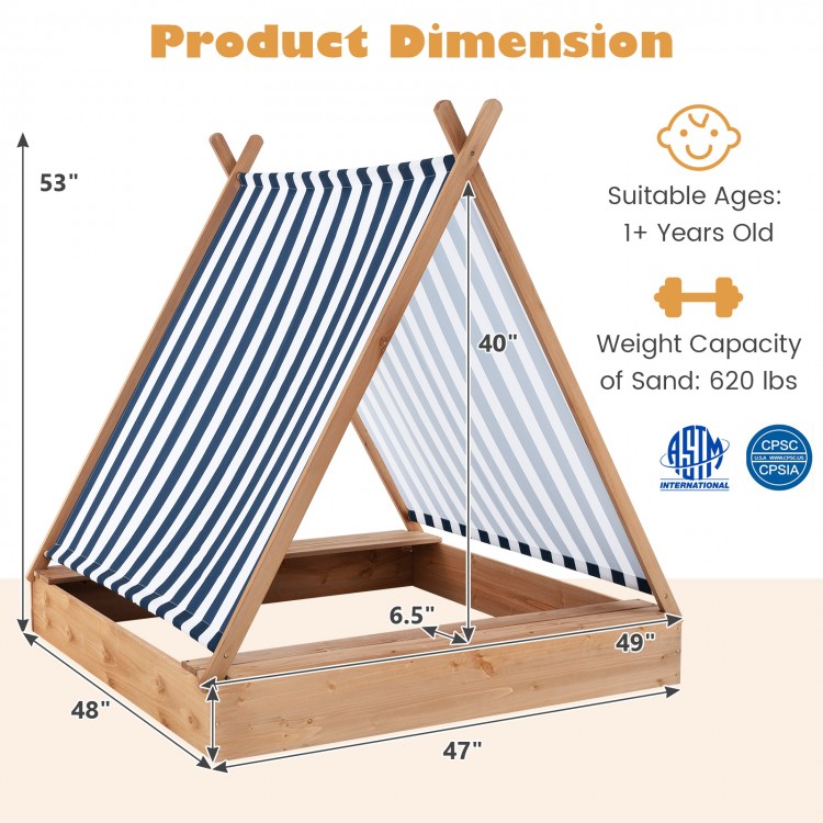 Kids wooden sandbox measuring 49" x 48" with a detachable cover and two built-in benches for outdoor fun.