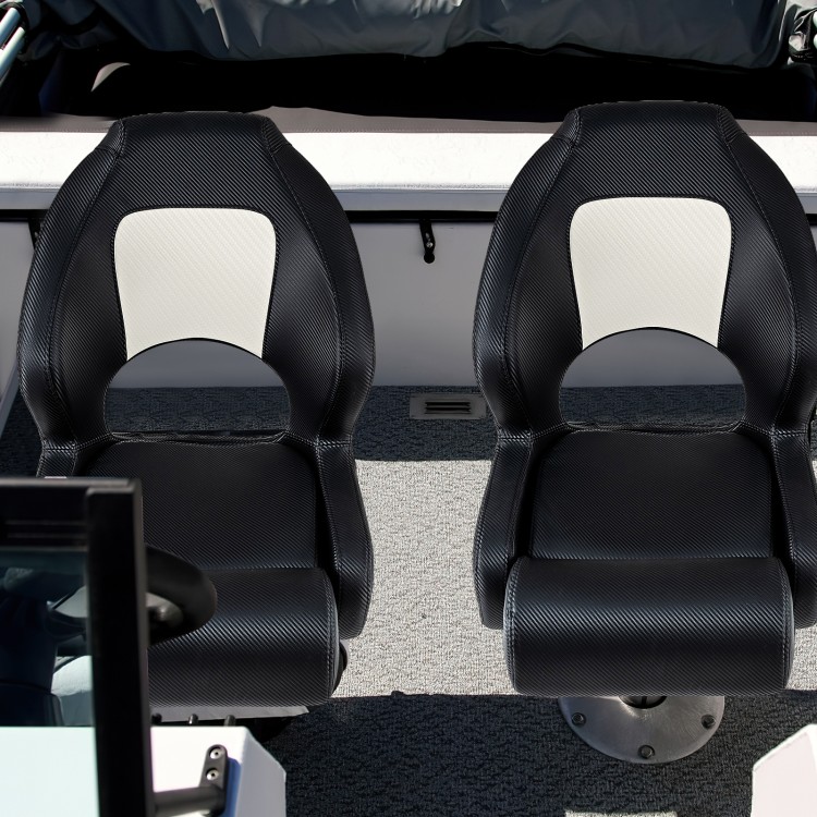 Two black Captain Bucket Seats with waterproof PVC leather, featuring flip-up bolsters for sightseeing boats.