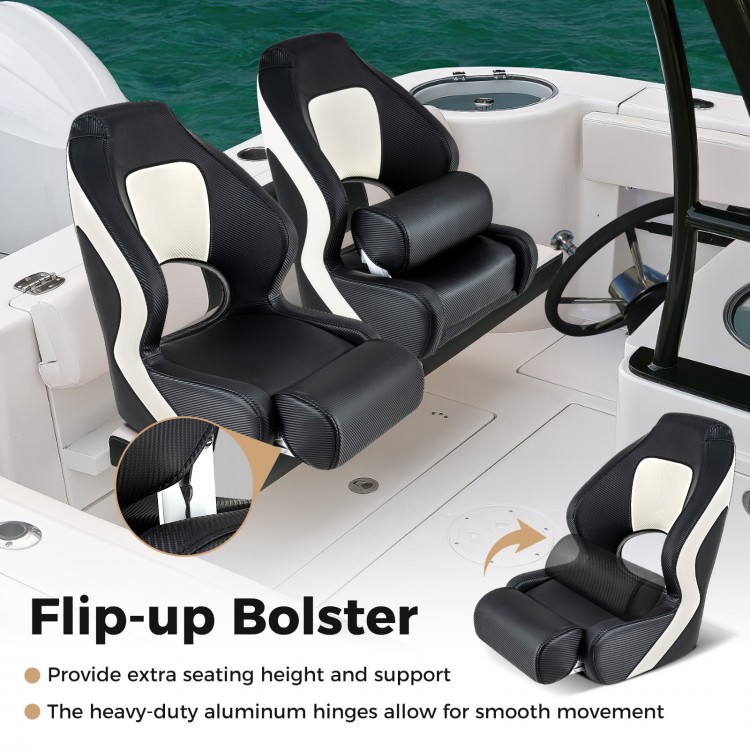 Captain bucket seat in black with flip-up bolster, waterproof PVC leather, and heavy-duty aluminum hinges for boats.