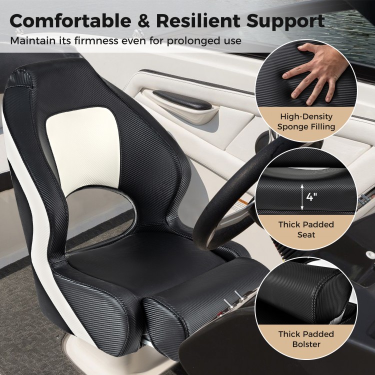 Captain bucket seat in black with waterproof PVC leather, featuring thick padding and ergonomic design for boat use.