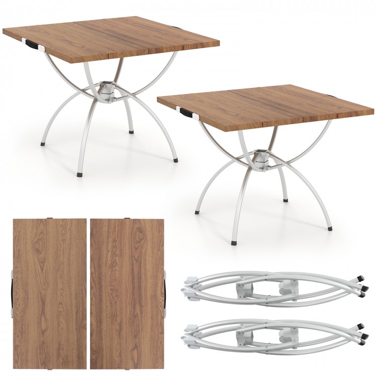 Folding camping tables with wood-grain tabletops, aluminum legs, and carry handles, perfect for outdoor events.