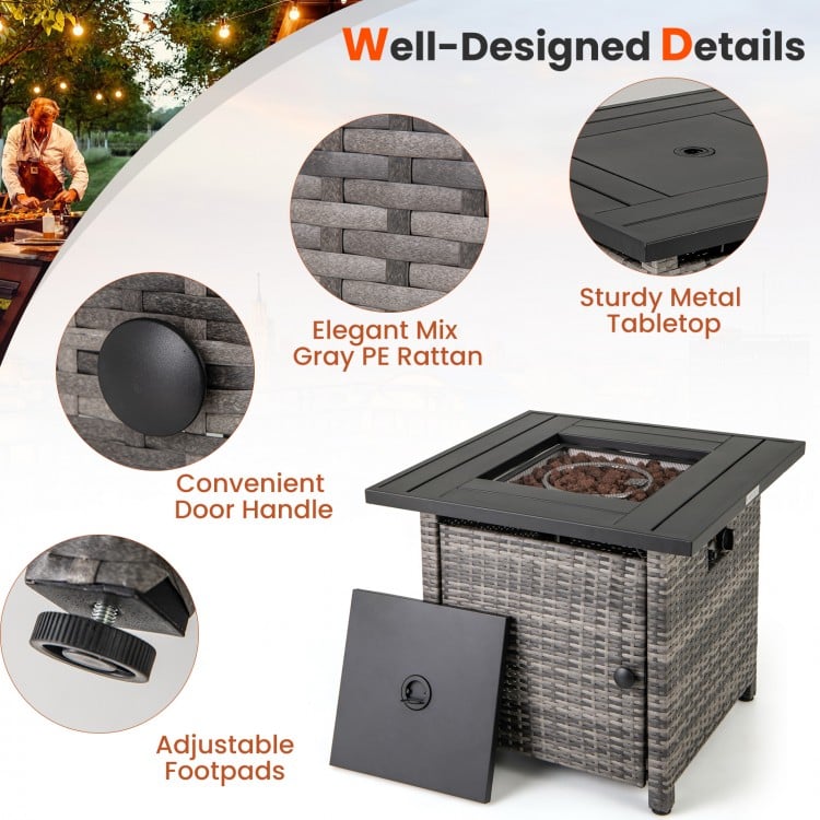 29-inch gray PE rattan propane firepit table with adjustable footpads and convenient door handle for easy gas tank.