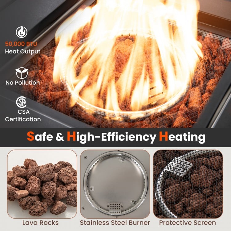 29-inch propane firepit table with lava rocks, gray rattan exterior, 50,000 BTU, and protective cover for year-round.
