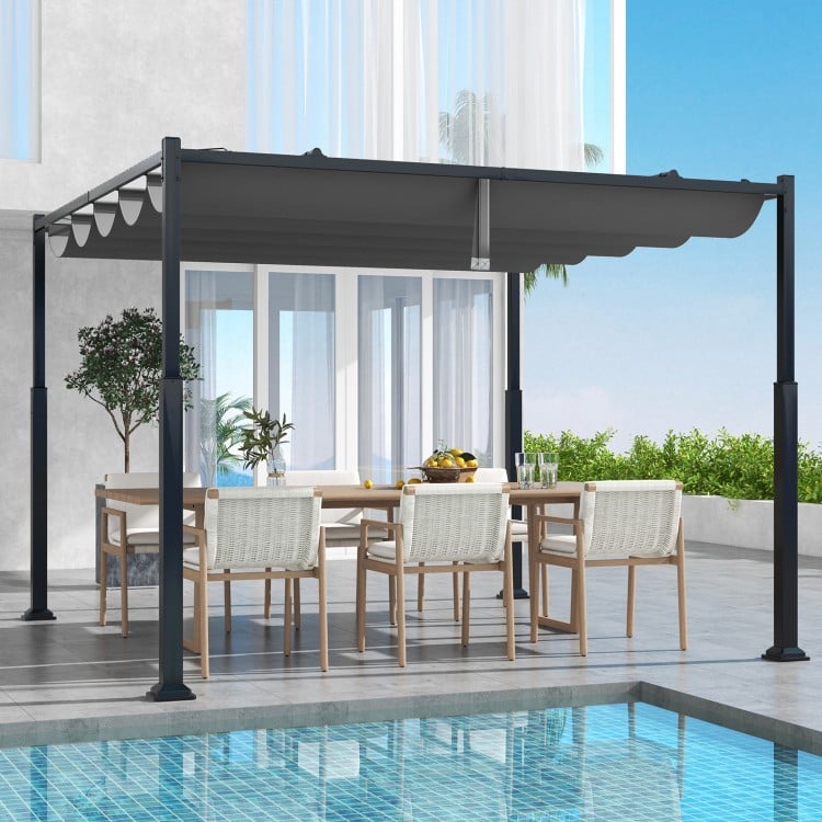 Outdoor pergola with retractable gray canopy and sturdy metal columns, perfect for patio dining and weather.