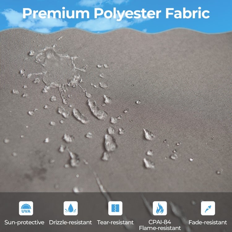 Close-up of premium polyester fabric showcasing water resistance and tear resistance for a gray outdoor pergola canopy.