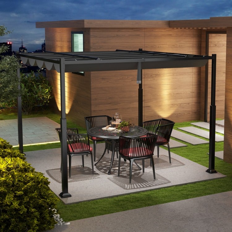 Gray 10 x 10 feet outdoor pergola with retractable canopy and sturdy metal columns, perfect for patio gatherings.