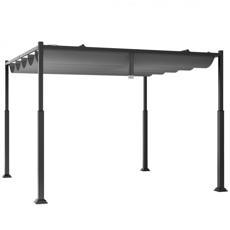 Gray 10 x 10 feet outdoor pergola with retractable canopy and sturdy metal columns for versatile shading options.
