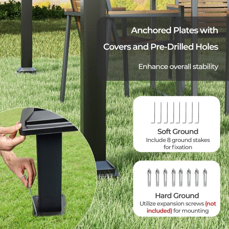Anchored plates with covers and pre-drilled holes for stability, designed for the 10 x 10 feet outdoor pergola.