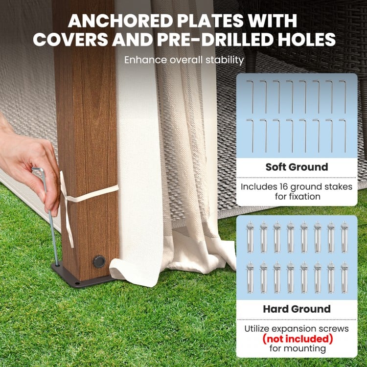Anchored plates with covers and pre-drilled holes for stability on the 12x10 feet outdoor patio gazebo installation.