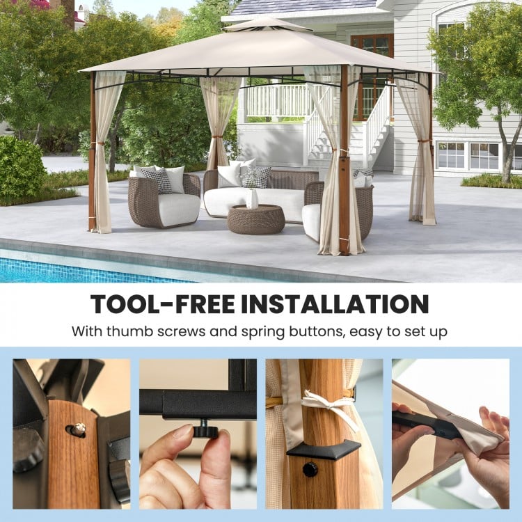 Outdoor patio gazebo with beige canopy, showcasing tool-free installation features and sturdy wood grain metal columns.