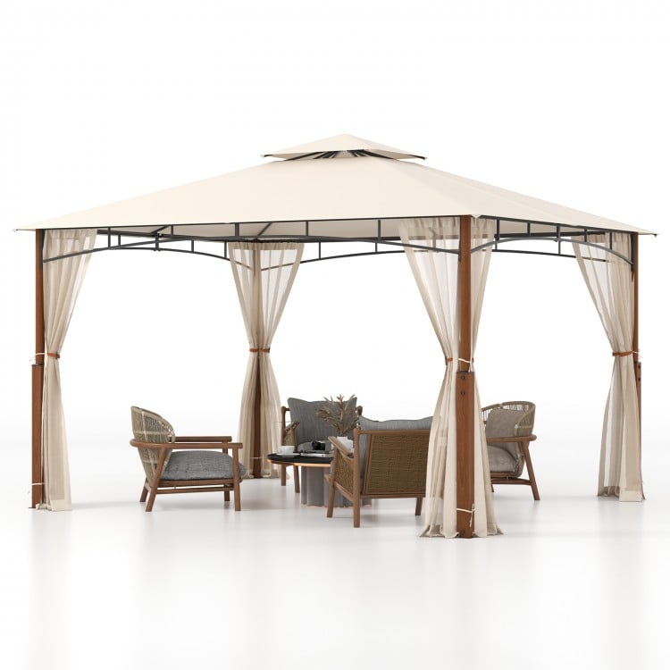 Outdoor patio gazebo with beige canopy, sturdy wood grain metal columns, and mesh netting for airflow and insect.