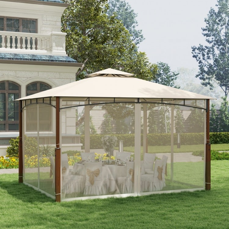 Outdoor patio gazebo with beige canopy, mesh netting, and sturdy wood grain metal columns for elegant outdoor.