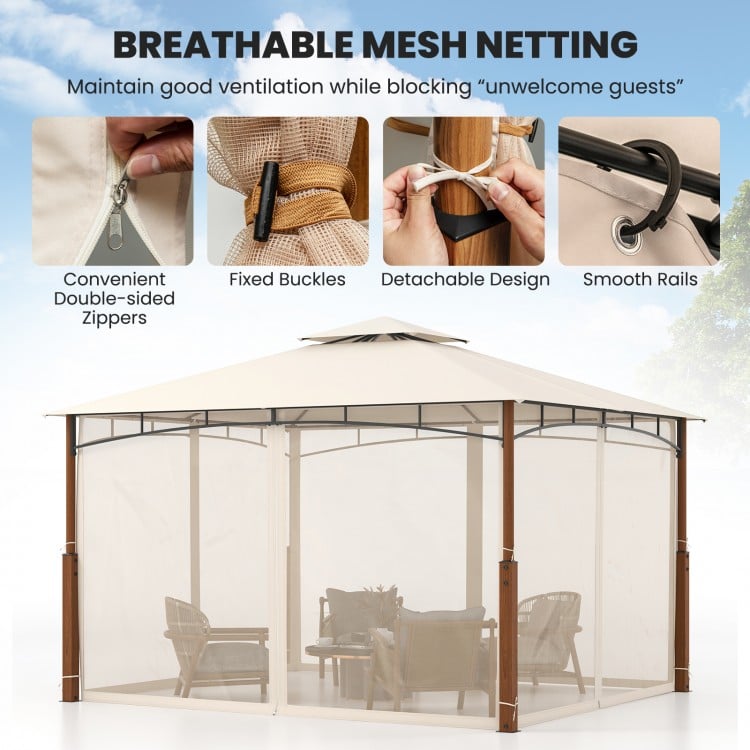 Outdoor patio gazebo featuring breathable mesh netting, double-sided zippers, and a beige 2-tier canopy for airflow.