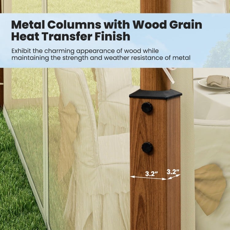 Close-up of the 3.2" wood grain finished metal column of the 12x10 feet outdoor patio gazebo, showcasing durability and.