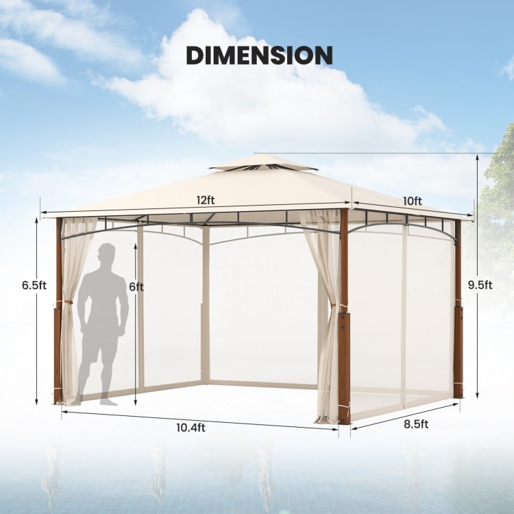 12x10 feet outdoor patio gazebo with beige canopy, netting, and dimensions for enhanced airflow and stability.