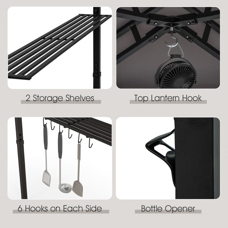 Storage shelves and hooks of the 11 x 5 FT grill gazebo, featuring a top lantern hook and bottle opener for convenience.