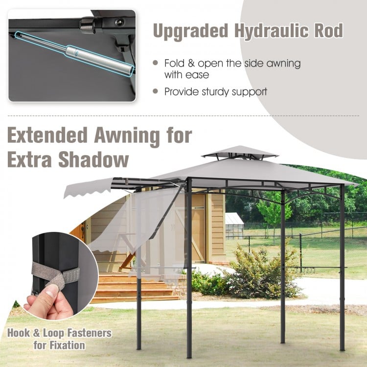 11 x 5 FT gray grill gazebo with side awning, double-tiered top, and hydraulic rods for extra shade and stability.